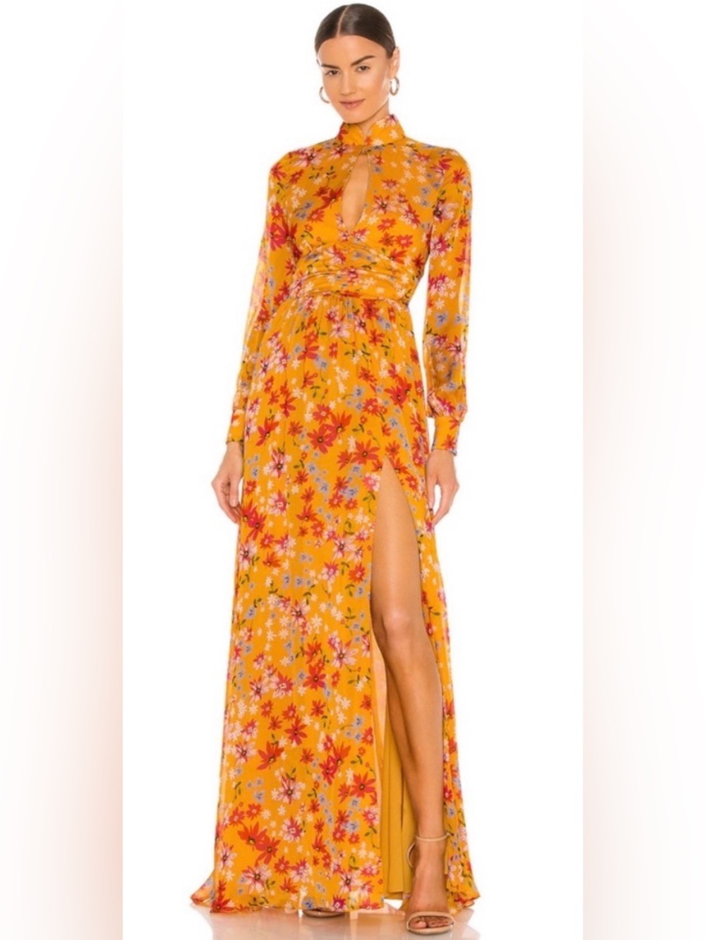 Sau Lee Carolina Gown Dress Yellow Multi Floral NWT Maxi Open Back Silk Size 4